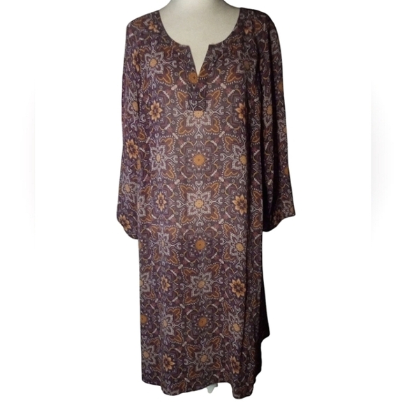 Ryllace Floral Silk Tunic Dress Split V Neck 3/4 Sleeve Red Tan Size 16 - Picture 3 of 9